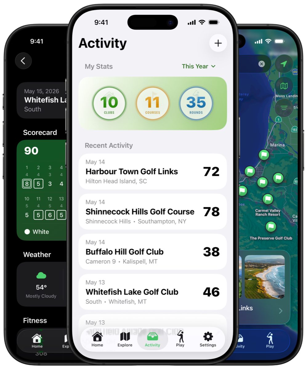 Next Shot activity screen with played courses, scorecards, and map history