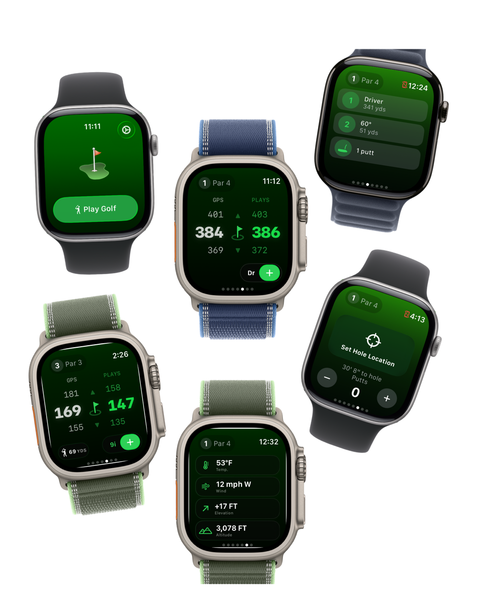 Next Shot Apple Watch screens for starting a round, range finding, shot tracking, pin locations, and course conditions